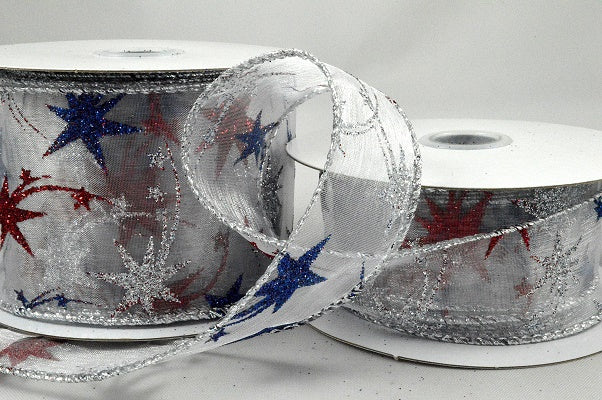 38mm & 63mm Silver Wired Lurex Edge Sparkly Star Ribbon x 10 Metres!