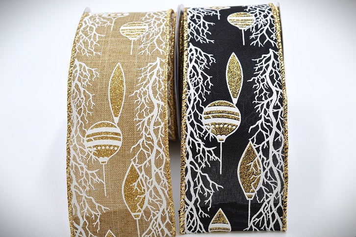 63mm Wired Gold Baubles & Snowy Christmas Ribbon x 10 Metres!