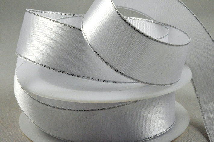 55087 - 3mm, 10mm, 15mm & 25mm Single Satin Ribbon with Lurex Edge10mm / White