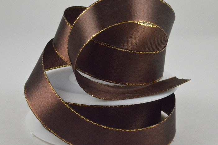 55087 - 3mm, 10mm, 15mm & 25mm Single Satin Ribbon with Lurex Edge10mm / Brown