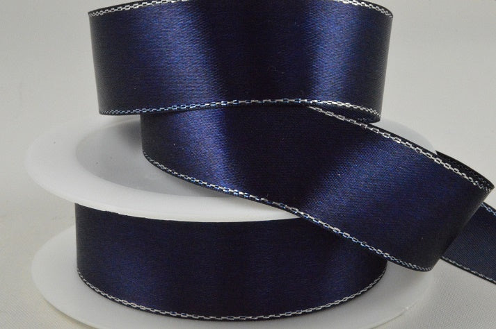 55087 - 3mm, 10mm, 15mm & 25mm Single Satin Ribbon with Lurex Edge3mm / Navy Blue