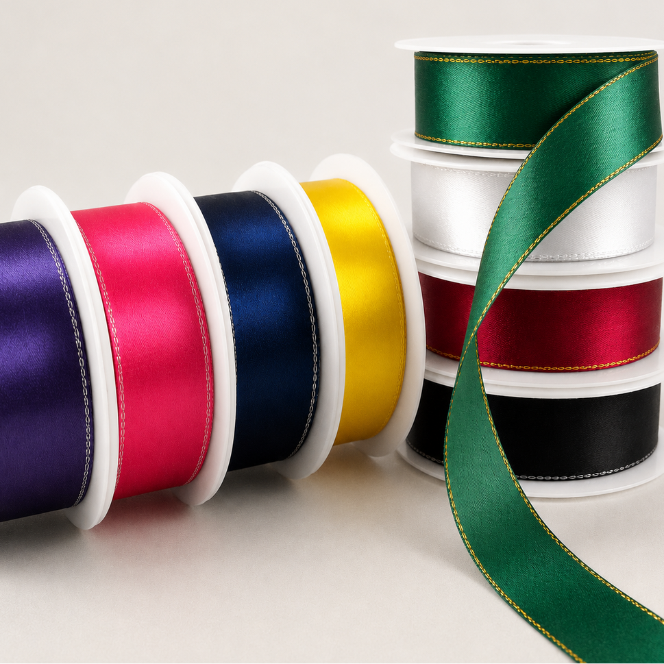 3mm, 10mm, 15mm & 25mm Single Satin Ribbon with Lurex Edge