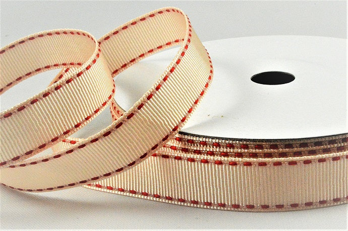 55122 - 16mm White Saddle Stitch Grosgrain Ribbon x 20 Metres!5035 Beige and Red