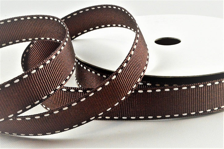 55122 - 16mm White Saddle Stitch Grosgrain Ribbon x 20 Metres!5750 Brown and Off White