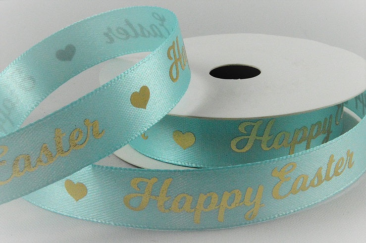 55129 - 15mm Satin Happy Easter Ribbon x 10 Metre Rolls!70 Aqua Blue