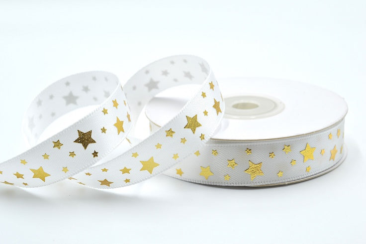 15mm & 25mm Double Faced Satin Star Printed Ribbon (20 Metre Rolls)15mm / Ivory