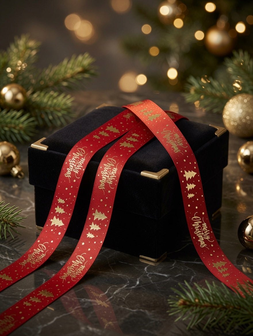 15mm Merry Christmas Trees Satin Ribbon x 20 Metre Rolls!Red