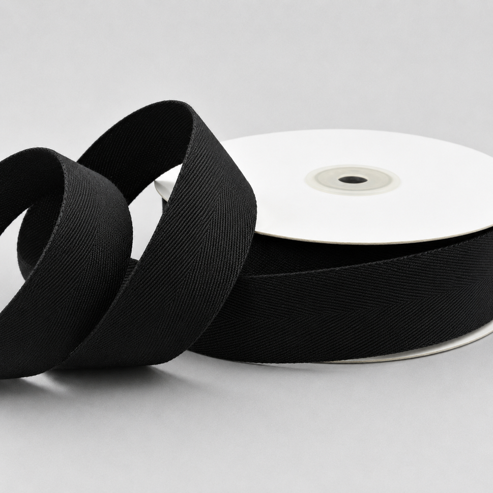 15mm, 25mm & 38mm Soft Herringbone Cotton Ribbon x 25 Metres!15mm / Black