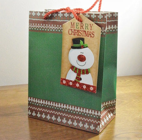 88121 - Green Merry Christmas Gift Bag & Bottle Bag with Snowman Tag!