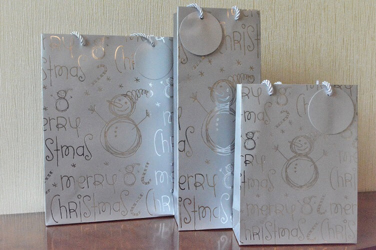88124 - Merry Christmas Silver Snowman Gift Bags, Bottle Bags & Tags!