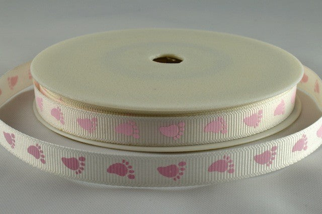 10mm Grosgrain Baby Feet Ribbon (20 Metre Rolls)White and Pink
