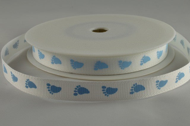 10mm Grosgrain Baby Feet Ribbon (20 Metre Rolls)White and Blue