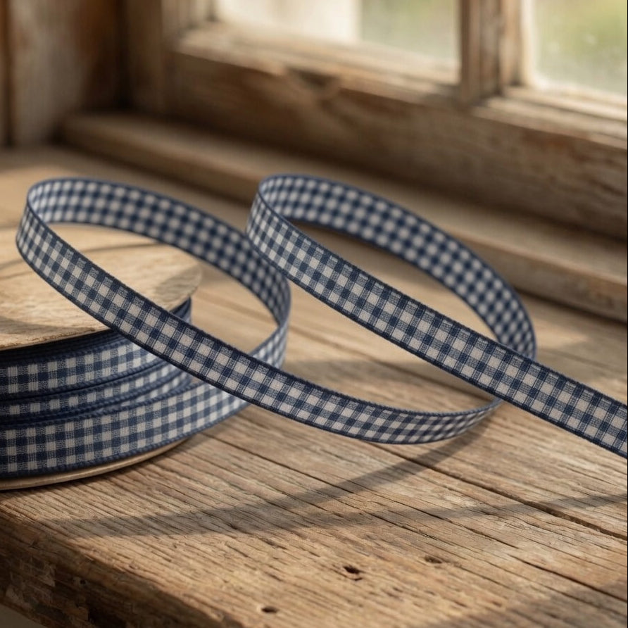 10mm Dark Navy Gingham Ribbon x 25 Metre Rolls!