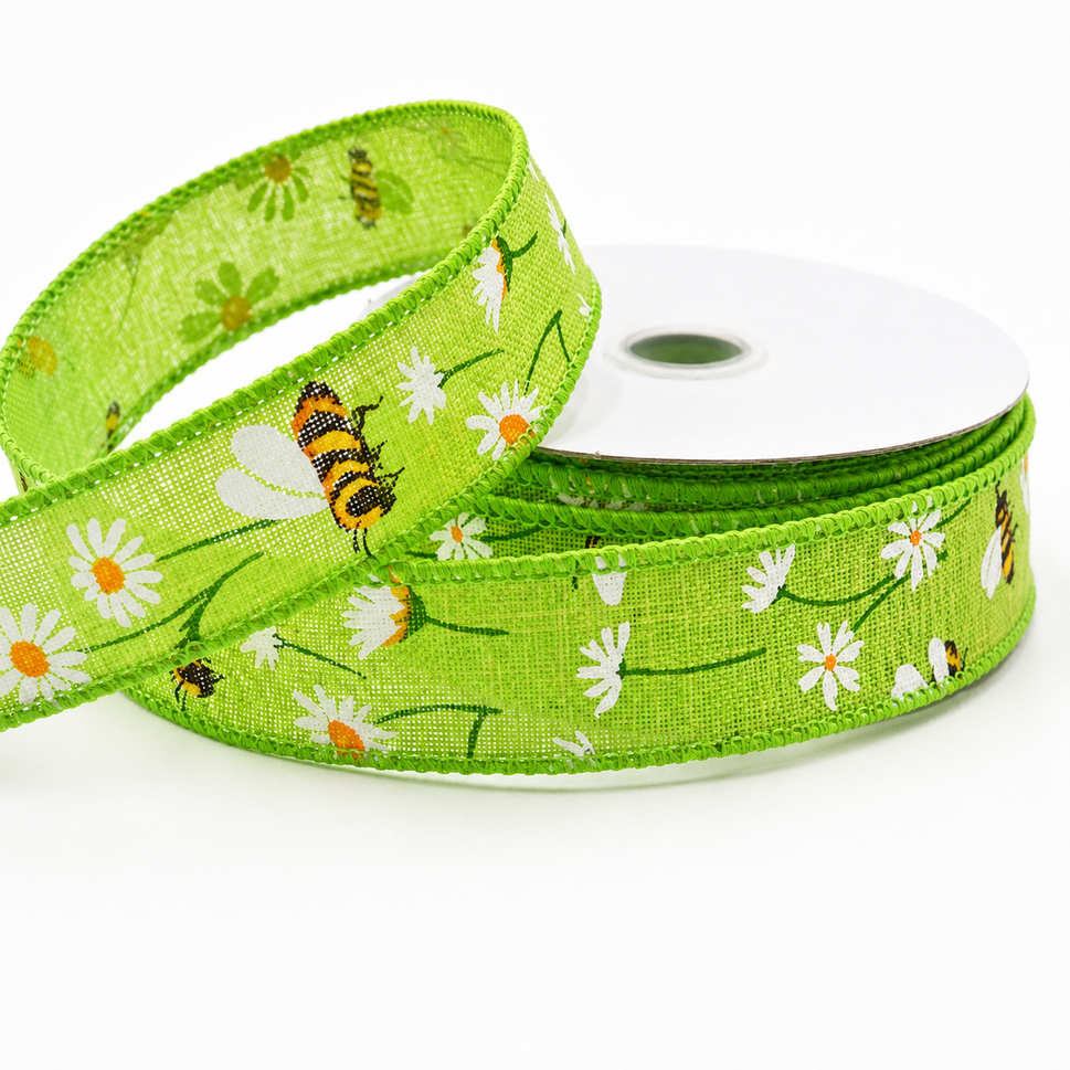 25mm, 38mm & 63mm Wired Summery Bumble Bee Ribbon x 10 Metres!25mm / Yellow