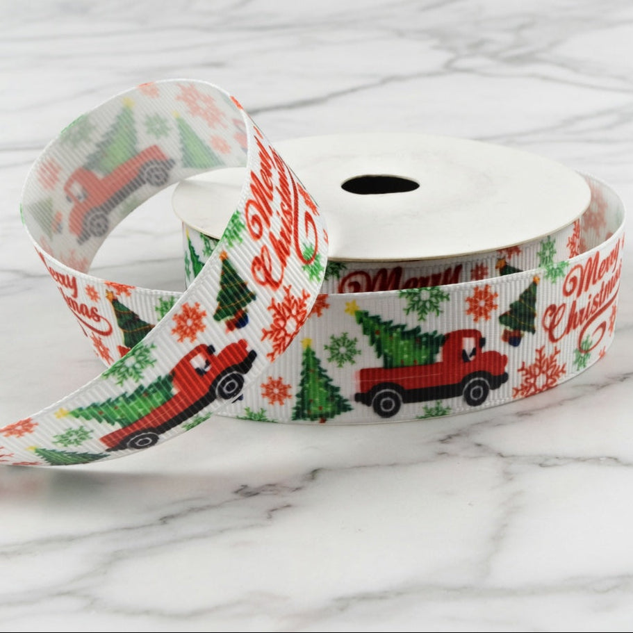 22mm White Grosgrain Merry Christmas Truck Ribbon x 10 Metres!