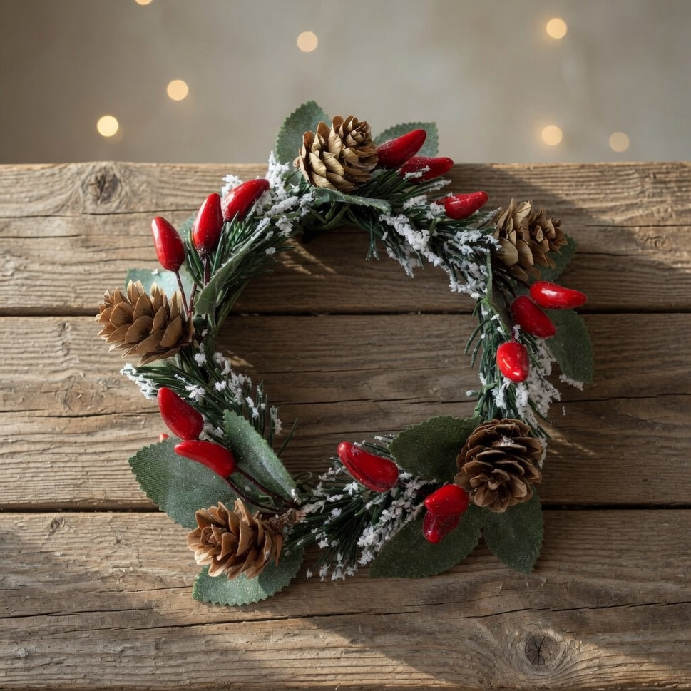 Snowy Holly Leaf & Pine Cone Wreath
