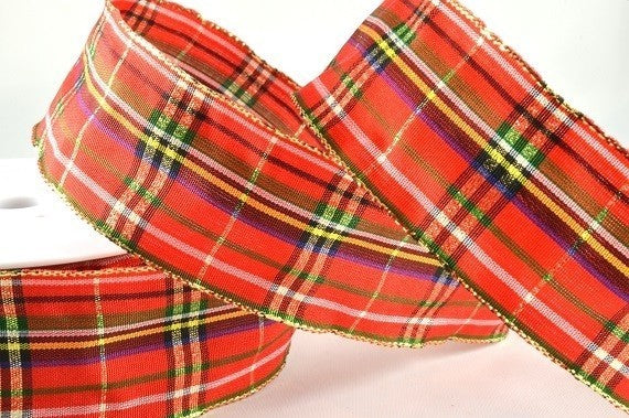 40mm Wired Red Lurex Woven Tartan Ribbon x 20 Metres!