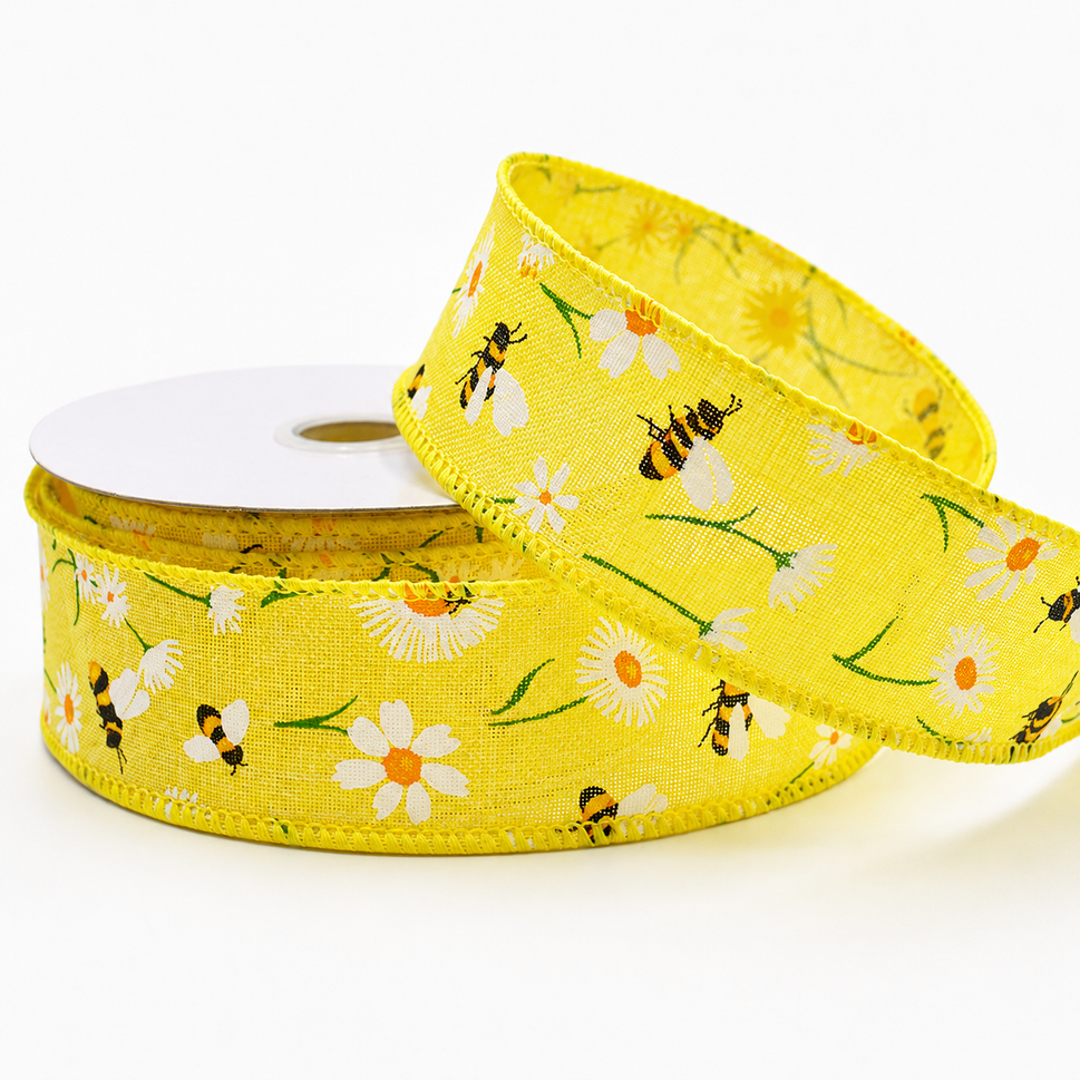 25mm, 38mm & 63mm Wired Summery Bumble Bee Ribbon x 10 Metres!38mm / Yellow