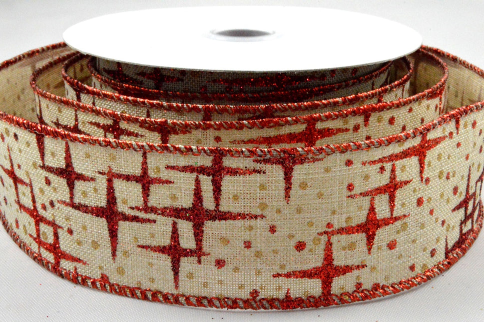 25mm Red Wired Burlap Glitter Star Ribbon x 10 Metre Rolls!