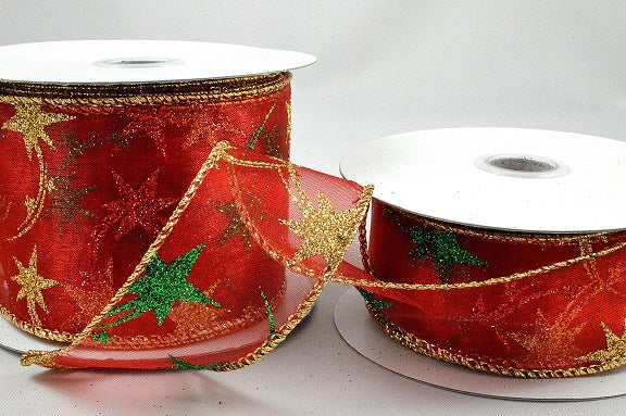 38mm & 63mm Red Wired Lurex Edge Sparkly Star Ribbon x 10 Metres!