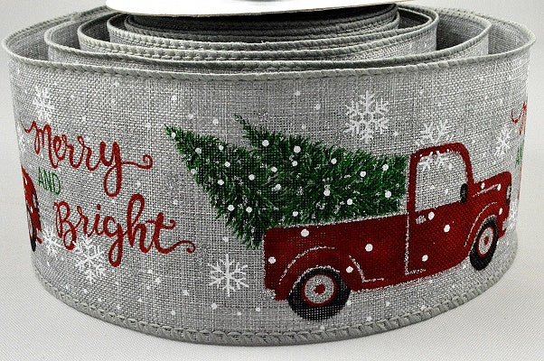 46060 - 63mm Wired Christmas Car "Merry & Bright" Ribbon x 10 Metres!