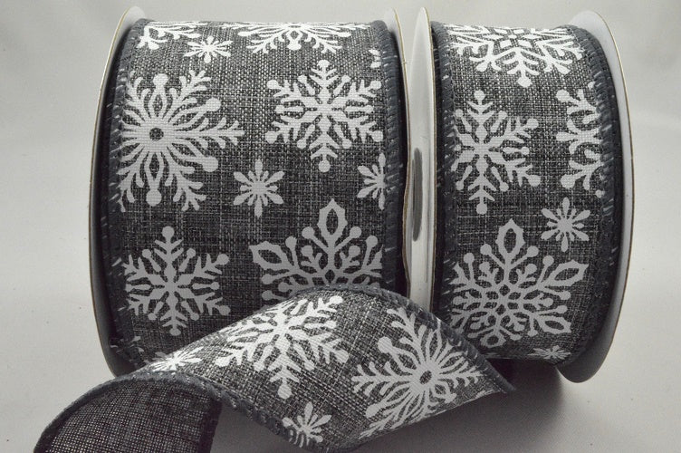 46071 - 63mm Wired Grey Chilly White Snowflake Ribbon x 10 Metres!