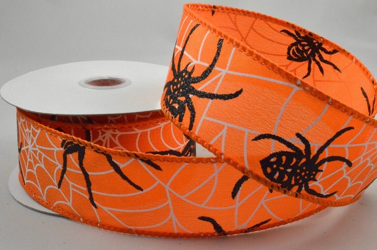 38mm & 63mm Wired Orange & Black Halloween Spider Ribbon x 10 Metres!38mm