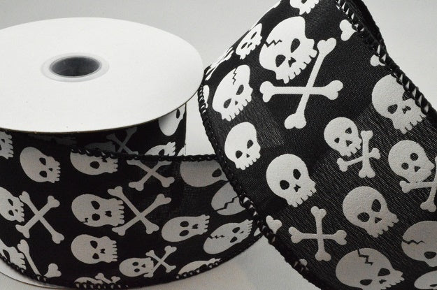 38mm & 63mm Wired Skull & Bones Halloween Ribbon x 10 Metres!63mm