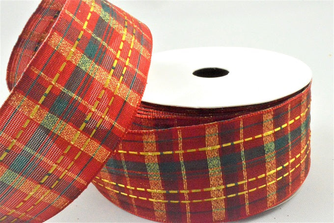 40mm Wired Red, Green & Gold Check Ribbon  x 11 Metres!