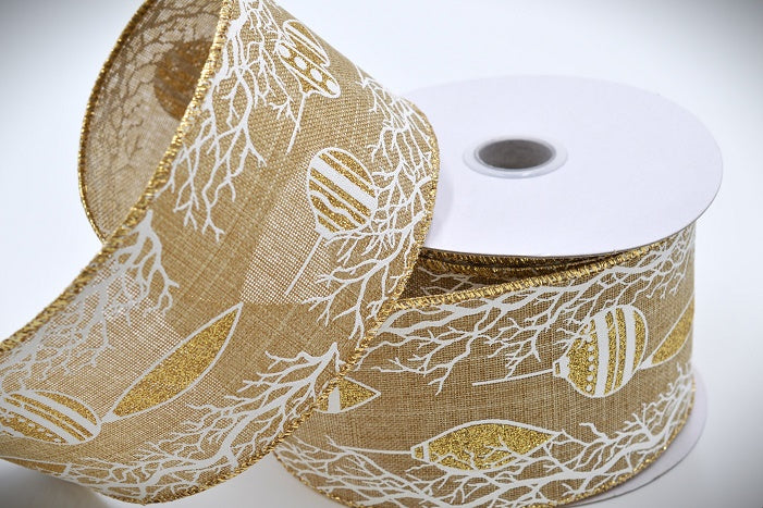 63mm Wired Gold Baubles & Snowy Christmas Ribbon x 10 Metres!Natural