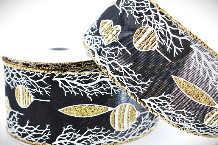 63mm Wired Gold Baubles & Snowy Christmas Ribbon x 10 Metres!Black