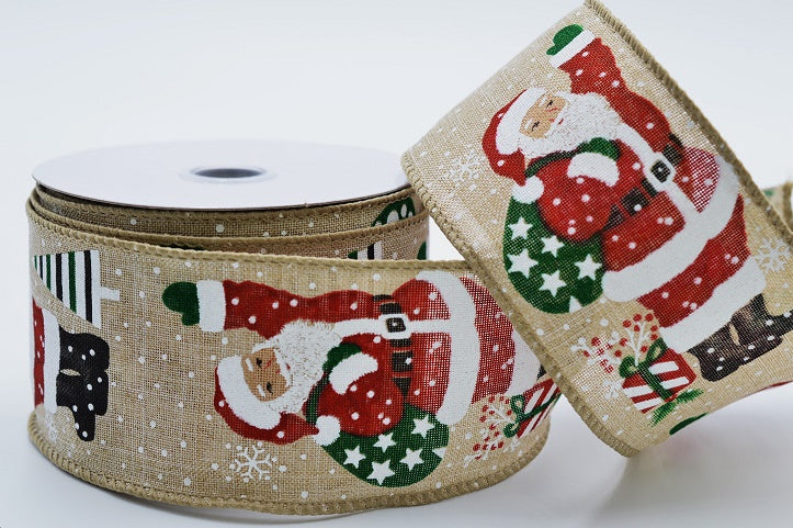 46086 - 63mm Wired Natural Father Christmas Ribbon x 10 Metres!