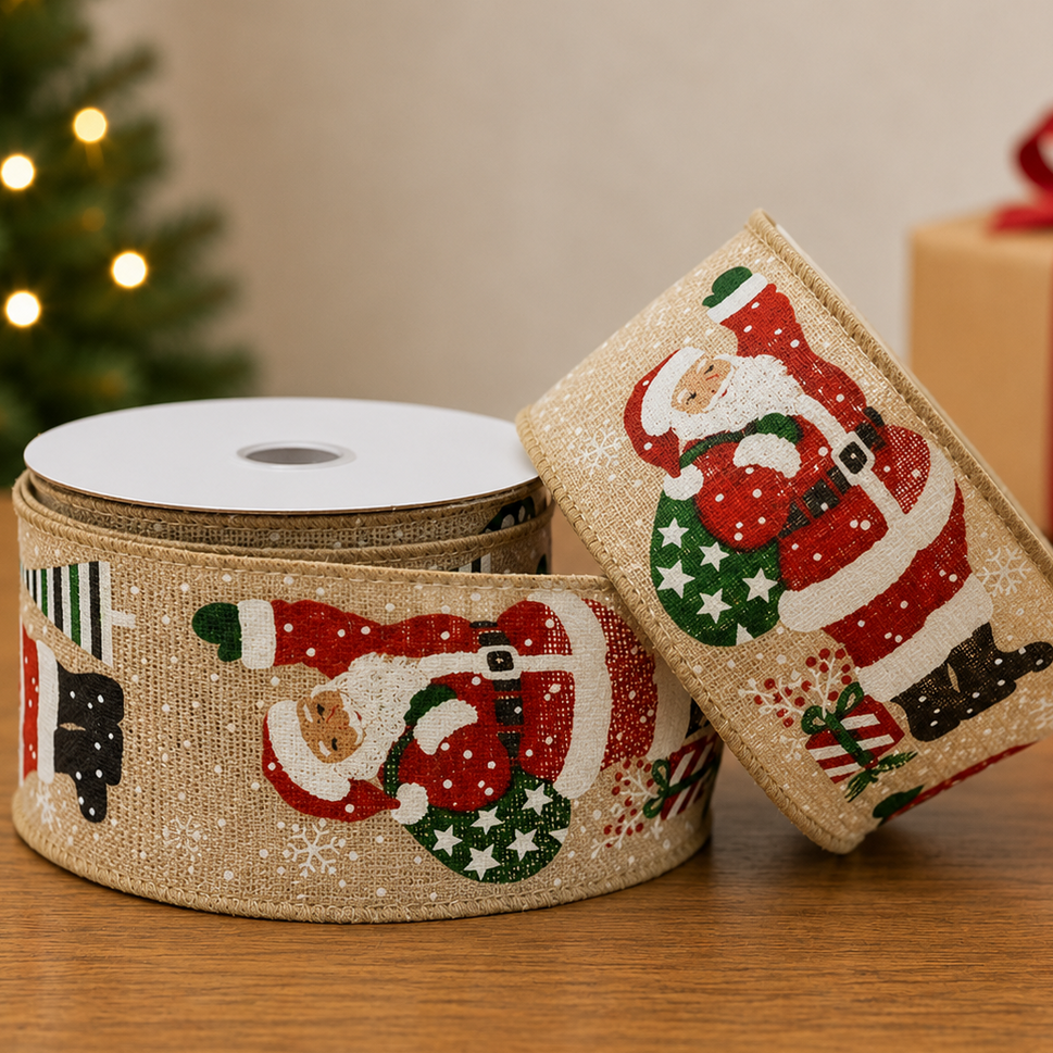 63mm Wired Natural Father Christmas Ribbon x 10 Metres!