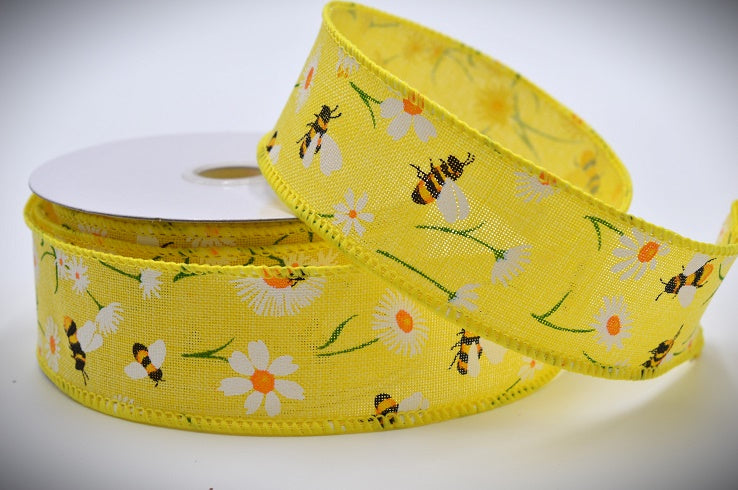 46089 -  25mm/38mm/63mm Wired Summery Bumble Bee Ribbon x 10 Metres!25mm / 13 Daffodil