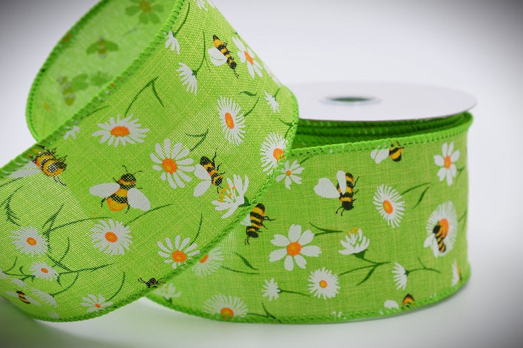 46089 -  25mm/38mm/63mm Wired Summery Bumble Bee Ribbon x 10 Metres!25mm / 65 Green