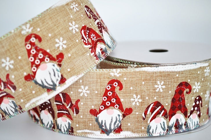 46090 - 63mm Wired Natural Christmas Elves and Snowflakes Ribbon x 10 Metres!