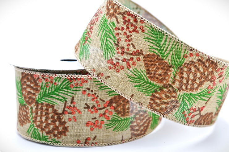 46092 - 63mm Wired Natural Pine Tree & Red Berries Ribbon x 10 Metres!