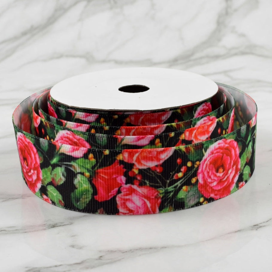 25mm Black Ribbed Floral Printed Ribbon x 10 Metre Rolls!