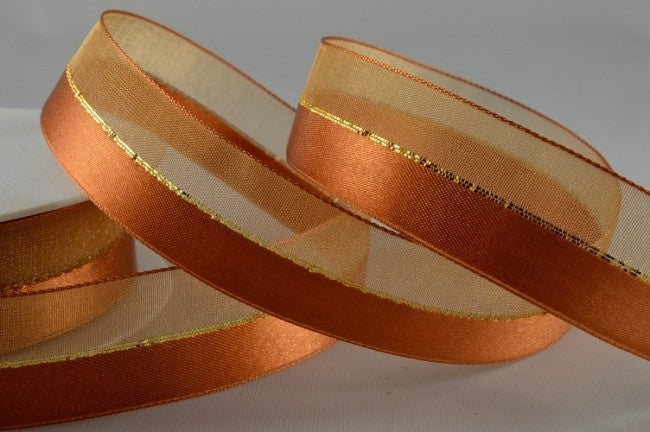 10mm Brown Sheer & Satin Ribbon & Central Lurex Stripe x 50 Yard Rolls!