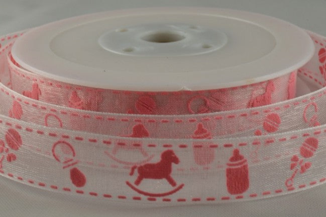 15mm Sheer Baby Pink Printed Ribbon x 20 Metre Rolls!