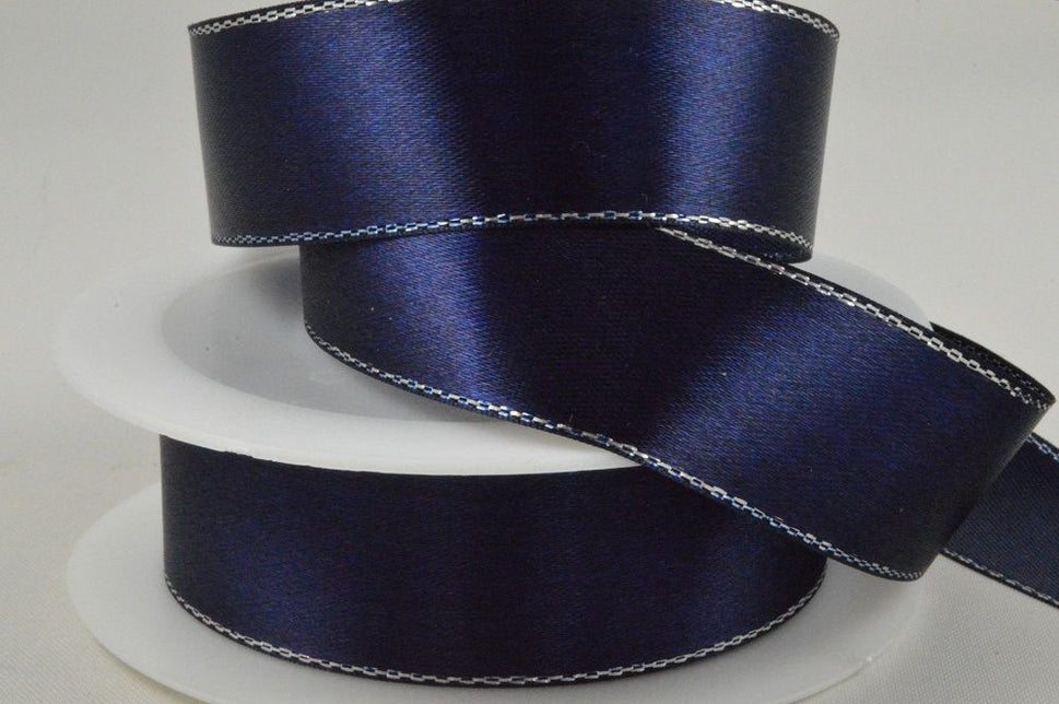 3mm, 10mm & 25mm Navy Blue Single Satin Ribbon with Lurex Edge!