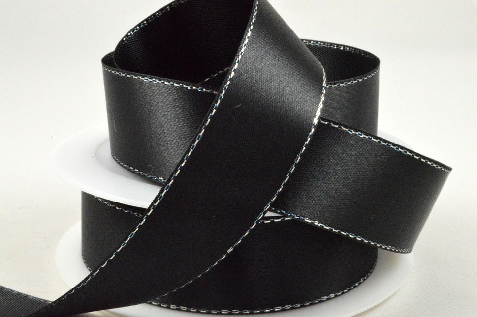 55087 - 3mm, 10mm, 15mm & 25mm Single Satin Ribbon with Lurex Edge25mm / Black
