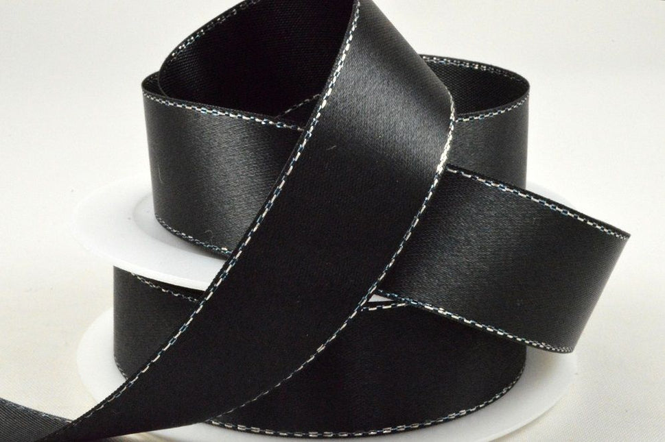 25mm Black Single Satin Ribbon with Lurex Edge x 25 Metre Rolls!