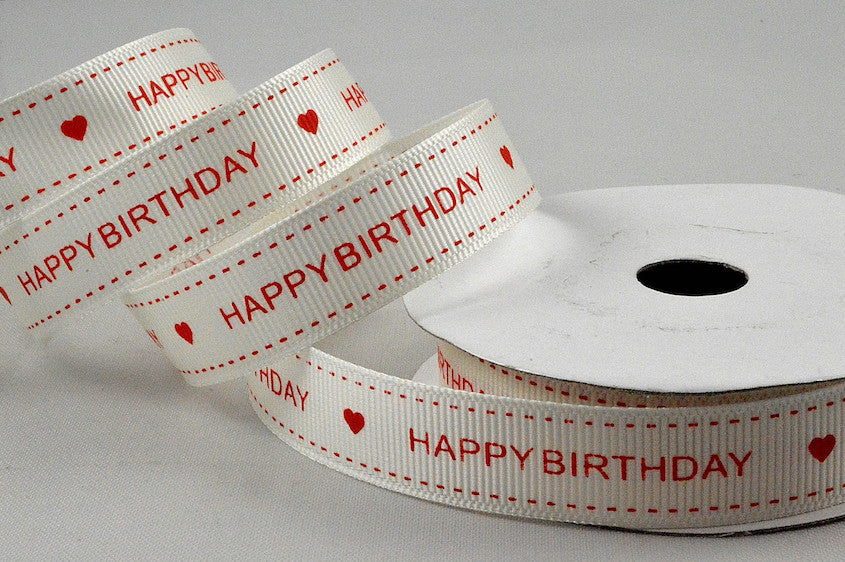 16mm Cream & Red Grosgrain Happy Birthday Printed Ribbon x 10 Metre Rolls!