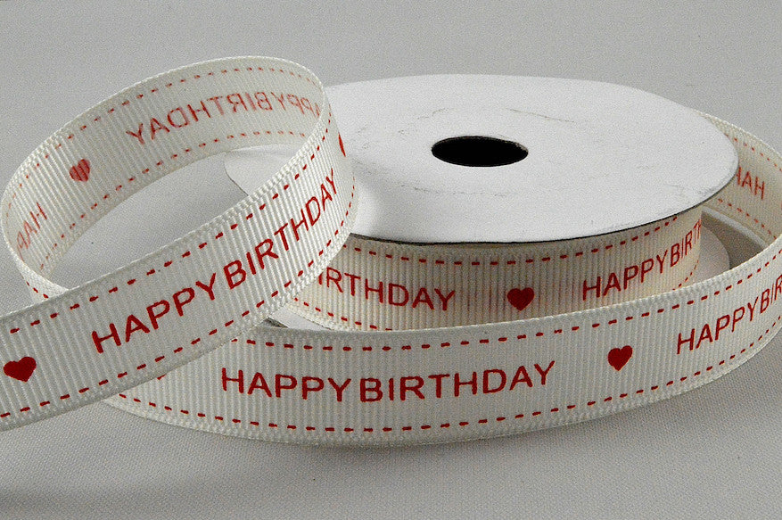 55113 - 16mm Cream & Red Grosgrain Happy Birthday Printed Ribbon x 10 Metre Rolls!