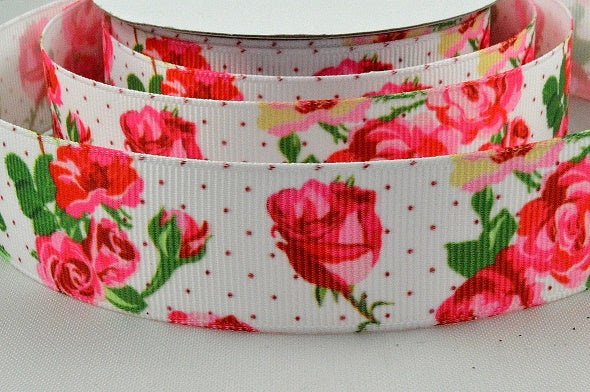 25mm White Ribbed Floral Printed Ribbon x 10 Metre Rolls!