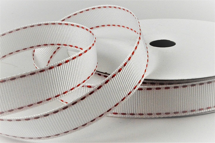 55122 - 16mm White Saddle Stitch Grosgrain Ribbon x 20 Metres!0135 White and Red