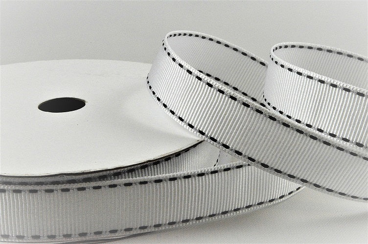 55122 - 16mm White Saddle Stitch Grosgrain Ribbon x 20 Metres!0188 White and Black