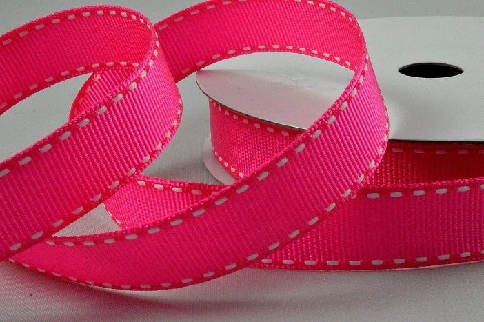 55122 - 16mm White Saddle Stitch Grosgrain Ribbon x 20 Metres!3401 Fuschia and White