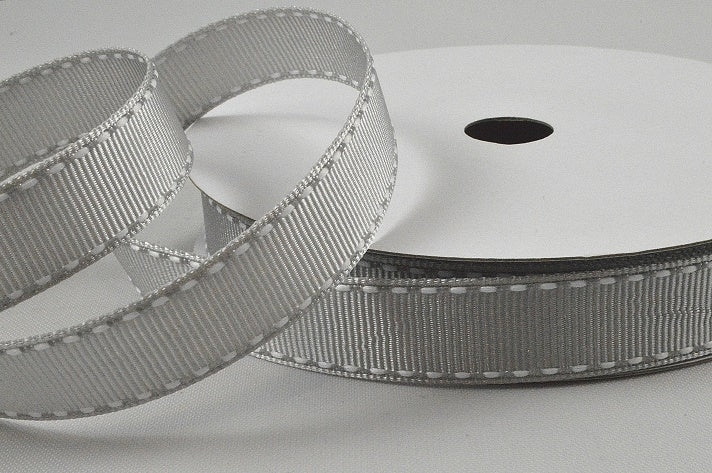 55122 - 16mm White Saddle Stitch Grosgrain Ribbon x 20 Metres!8001 Grey and White